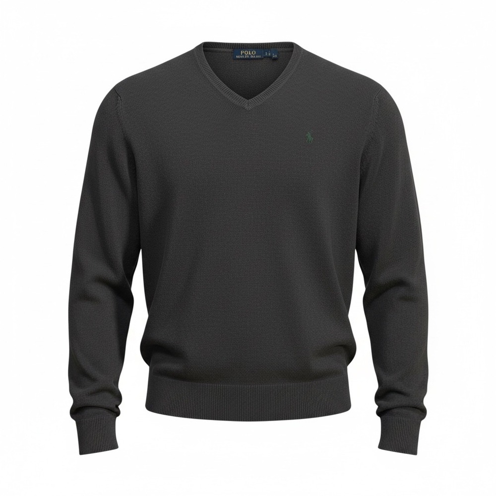 Polo Ralph Lauren Men's V Neck Sweater Dark Gray Green Pony Pima Cotton Size L
